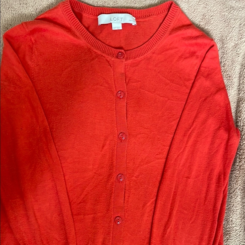 LOFT Red Cardigan Sweater Classic Knit